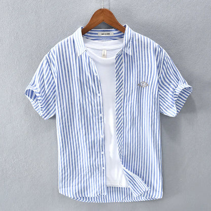 New Summer Men's Short Sleeve Shirt Fashion Thin Loose Half Sleeve Casual Youth Stripe Shirt Tops Sky Blue