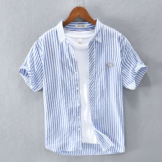 New Summer Men's Short Sleeve Shirt Fashion Thin Loose Half Sleeve Casual Youth Stripe Shirt Tops Sky Blue
