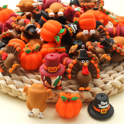 5/10/20pcs Thanksgiving Silicone Beads 3D Pumpkin Turkey Focal Beads for Jewelry Lanyards Keychain Bracelet Making Pen Decor