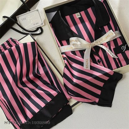 Women Long Sleeve Pajamas 2PCS Set Spring Summer New Sleepwear Loungewear Fashion Stripes Pyjama Pour Femme Loose Satin Homewear