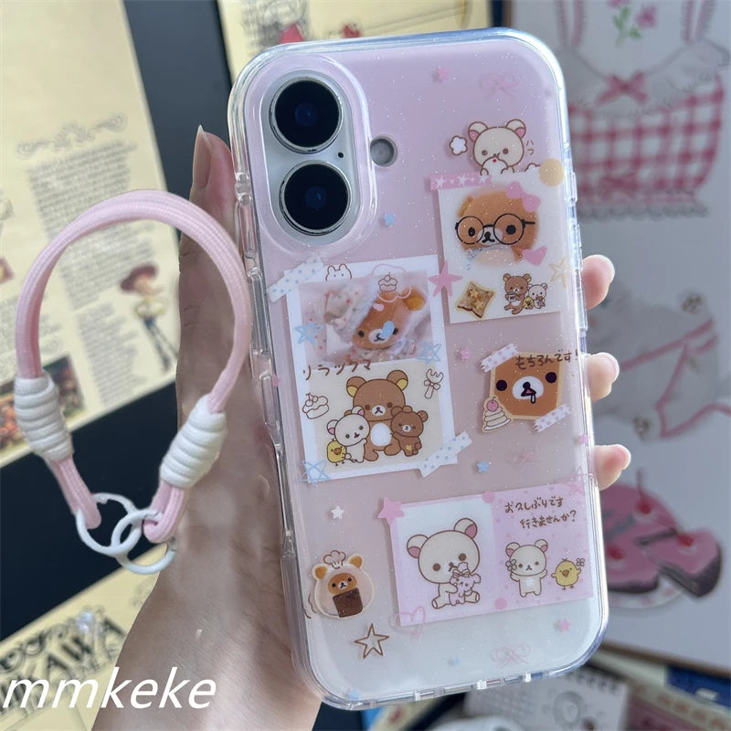 Lovely Rilakkuma Family Portrait Cartoon Pink Phone Case For iPhone 16 15 14 13 12 11 Pro Max PLUS Y2K Kawaii Shockproof Cover Badiee Stylez