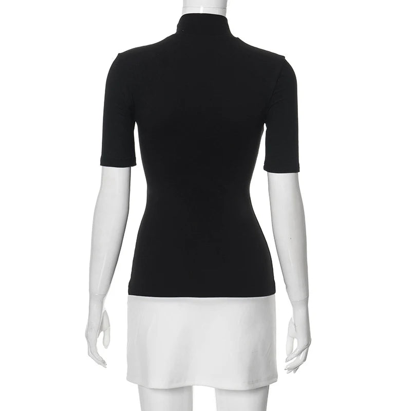 Summer 2025 Turtleneck Half Sleeve Mini Dresses French Style Fashion Elegant Black And White Patchwork Bodycon Dress