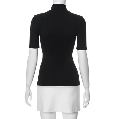 Summer 2025 Turtleneck Half Sleeve Mini Dresses French Style Fashion Elegant Black And White Patchwork Bodycon Dress