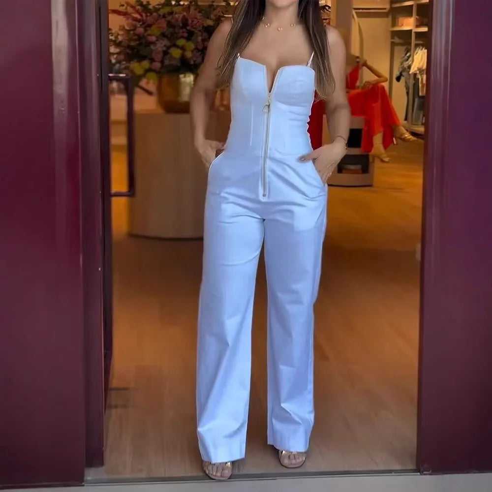 Women's Fashionable High-waist Jumpsuit Office Sexy Zipper Jumpsuit Summer Casual Commuting Solid Color Long Suspender Jumpsuit Badiee Stylez