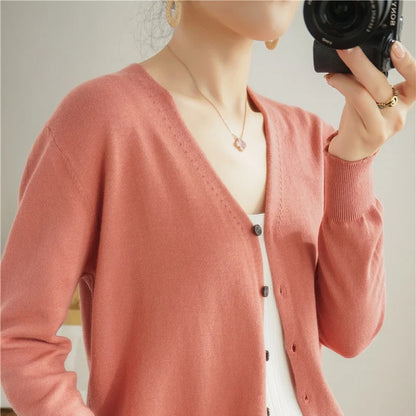 100% Cotton Line Long Sleeve V-Neck Knitted Cardigan Women Loose Short Solid Color Simple Sun Protection SMY K61 pi fen se