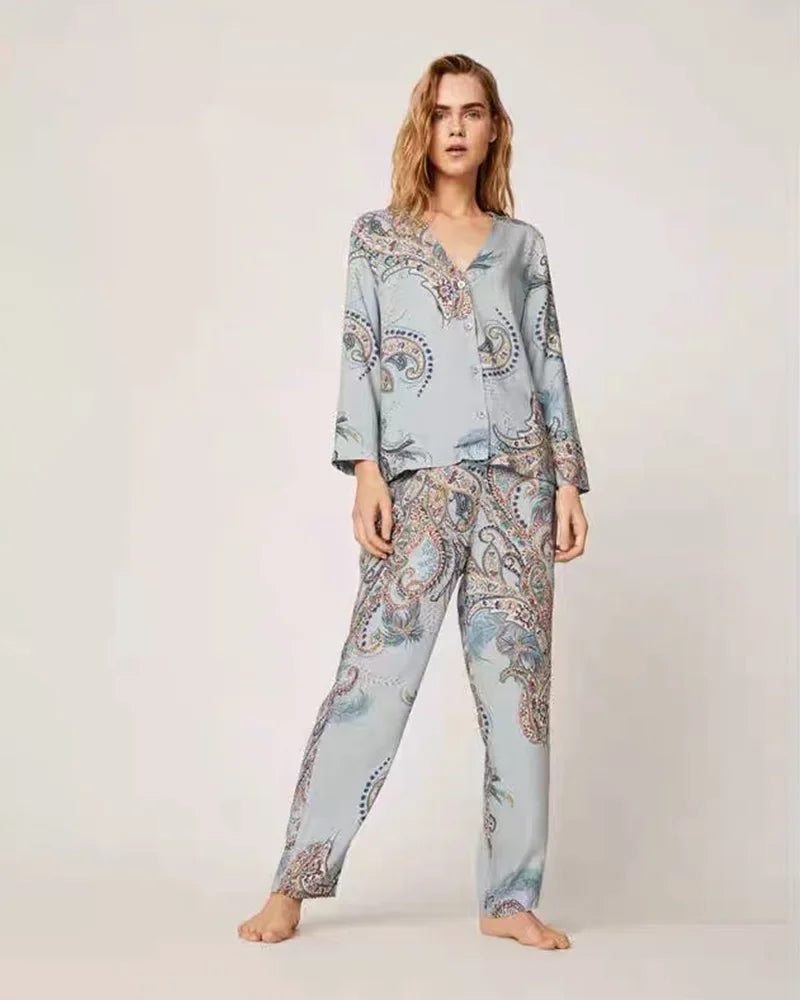 Japanese new spring and autumn new style cotton viscose ladies long-sleeved suit feather big flower home service pijamas women