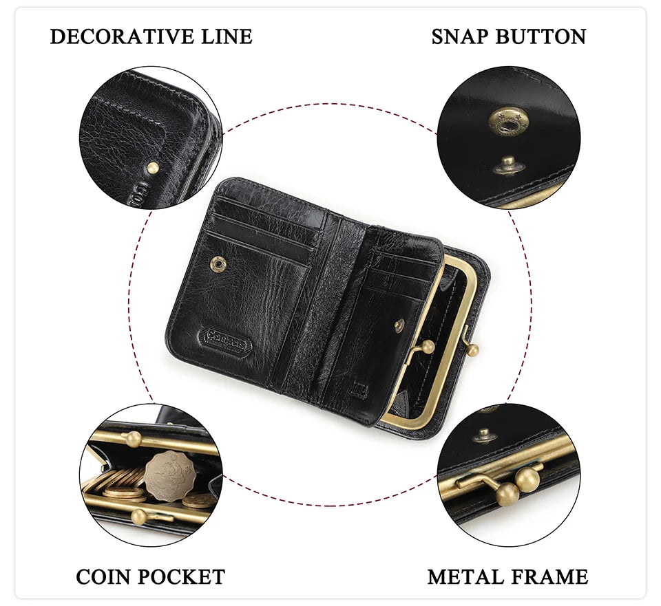 CONTACT'S Genuine Leather Short Wallets for Women Kiss Lock Classic Wallet Metal Frame Coin Purses Card Holder Money Clip Bags