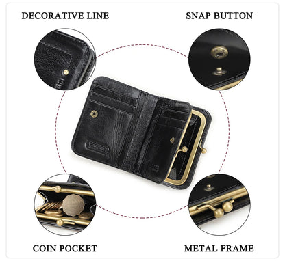CONTACT'S Genuine Leather Short Wallets for Women Kiss Lock Classic Wallet Metal Frame Coin Purses Card Holder Money Clip Bags