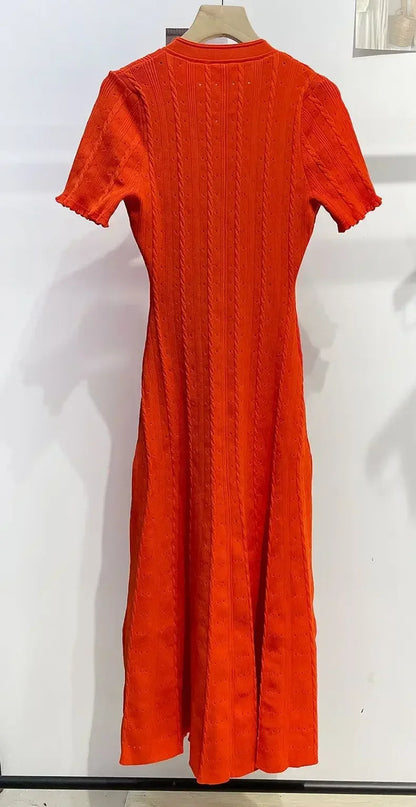 Women O-Neck White Knit Thread Mid-Length Dress Summer 2024 New Elegant Lady Ruffled Sleeve Single Breasted Slim Long Robe Badiee Stylez