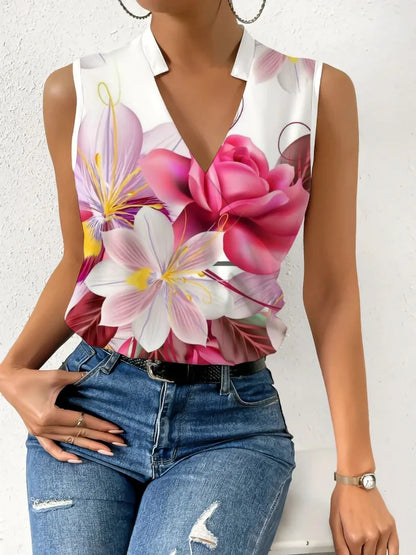 Fashion Stand Neck Sleeveless Women Tops And Blouses Floral Print Tank Top Femme 2023 Summer Casual Office Vintage Womens Blouse