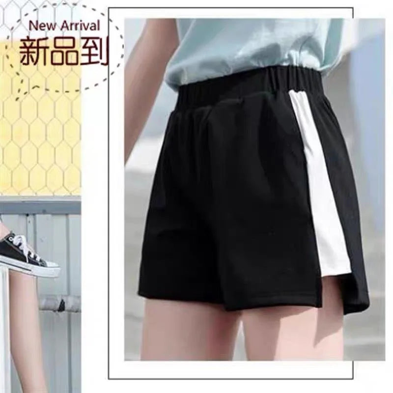 Women's summer high elasticity drawstring wide leg short S-3XL oversized sports underwear with side bar splicing sports shorts Image color 1