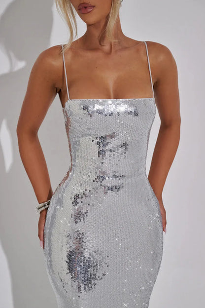 Sexy Sequin Backless Bandage Long Dress Women's Shiny Sleeveless Luxury Silver Dresses Evening Prom Party Birthday Gold Cocktail