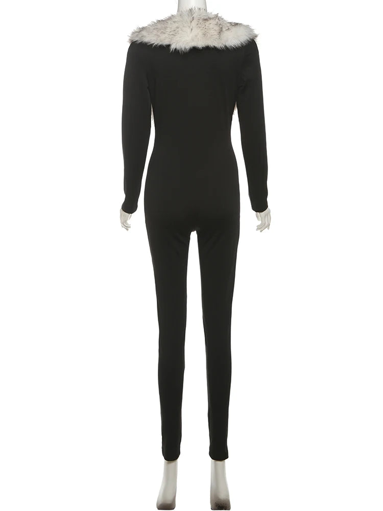 Kliou Sexy Fashion Junpsuits+Furry Foot Cover Woman Autumn Trend Low-Neck Full Sleeve Skinny Peach Hip Midnight Party Clubwear Badiee Stylez