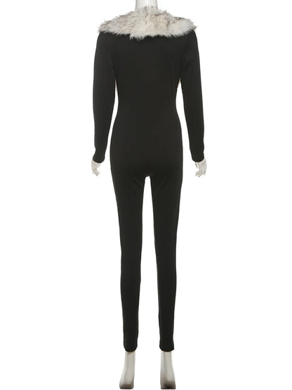 Kliou Sexy Fashion Junpsuits+Furry Foot Cover Woman Autumn Trend Low-Neck Full Sleeve Skinny Peach Hip Midnight Party Clubwear Badiee Stylez