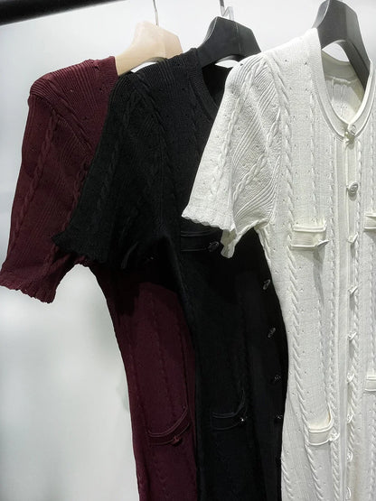 Women O-Neck White Knit Thread Mid-Length Dress Summer 2024 New Elegant Lady Ruffled Sleeve Single Breasted Slim Long Robe Badiee Stylez