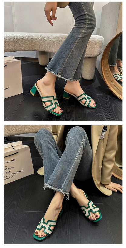 2025 Summer new arrival,fashion style grids high heel slippers for woman,thick heel outwear beach sandals for women