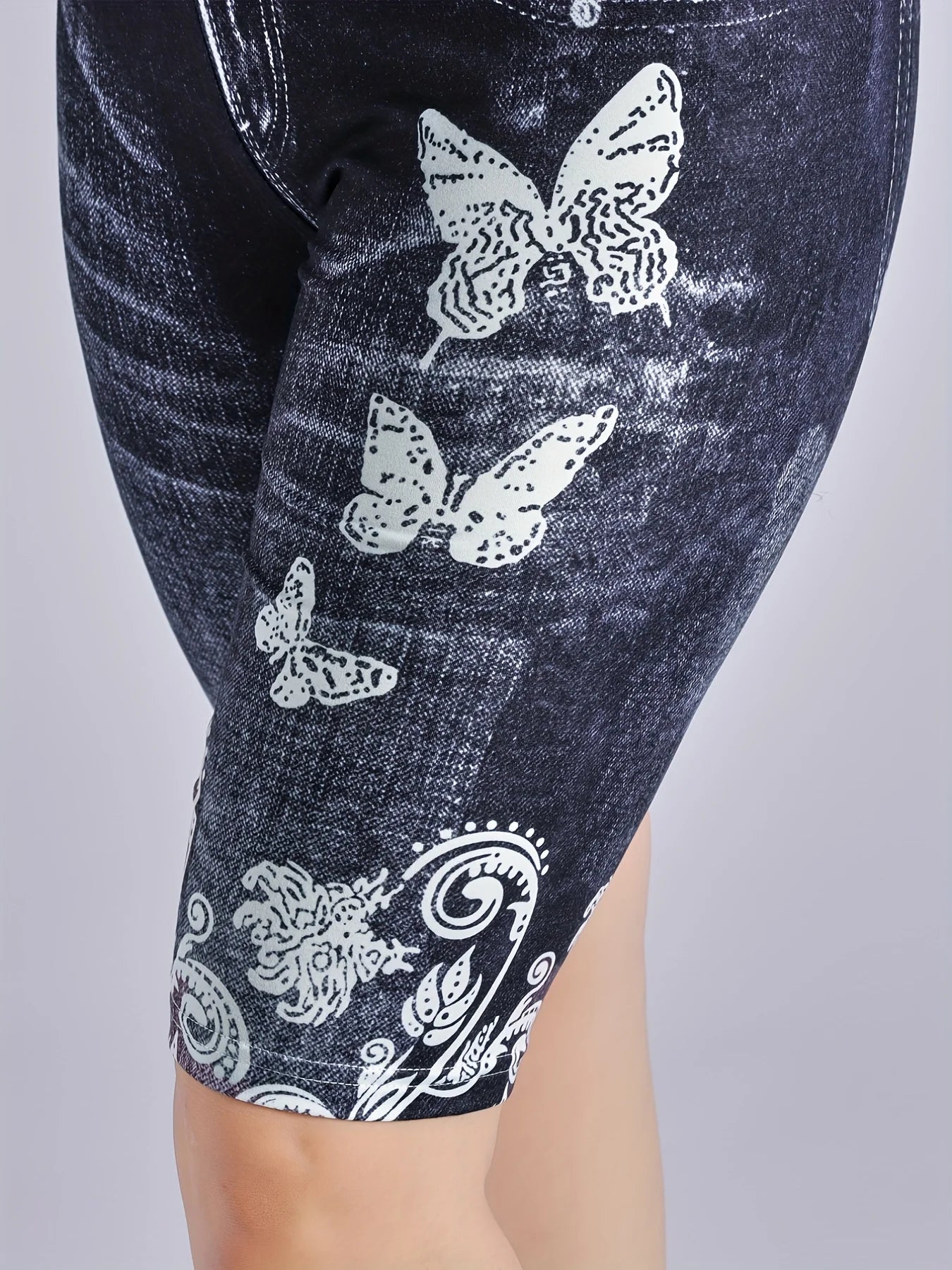 3 Piece Set Of Lmitation Denim Leggings For Women Butterfly Waist Fruit Flower Elastic Shorts High Waist Casual