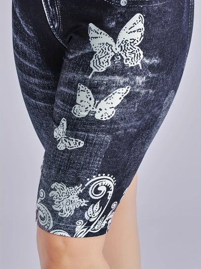 3 Piece Set Of Lmitation Denim Leggings For Women Butterfly Waist Fruit Flower Elastic Shorts High Waist Casual