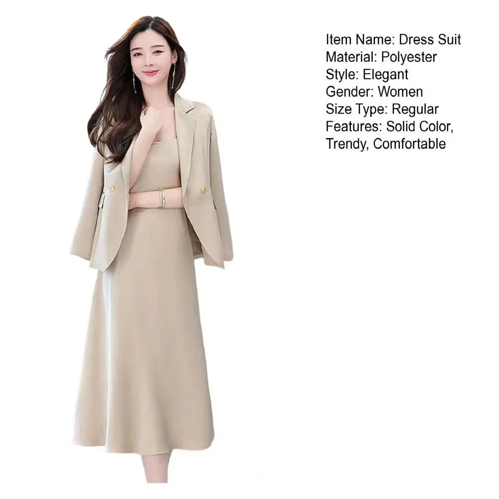 2Pcs/Set Summer Women Suit Dress Outfit Solid Color Mid-length Lady Dress Sets Light Luxury Commute Sling Dress Coat Set