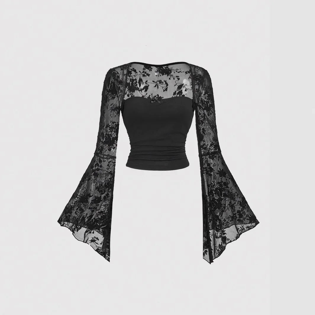 Design Sensation Lace Splicing Long Sleeve Mesh T-Shirt Sexy Elegant Style Full Sleeve Square Collar Polyester Fiber Top black