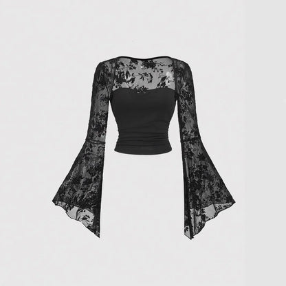 Design Sensation Lace Splicing Long Sleeve Mesh T-Shirt Sexy Elegant Style Full Sleeve Square Collar Polyester Fiber Top black