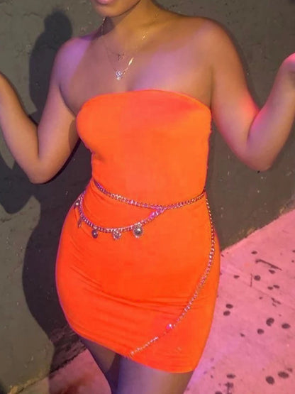 Sexy Strapless Off Shoulder Pinkycolor Bodycon Dress Women Backless Slim Mini Dress Club Party Vestidos Orange