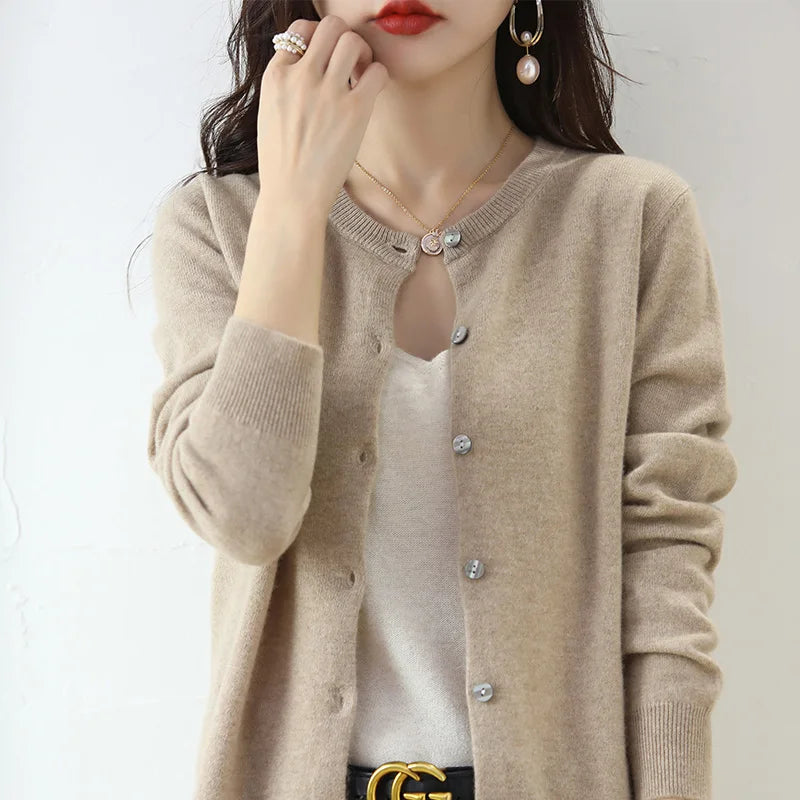 Knitted Cardigan Women's Sweater Autumn And Winter 2022 New Solid Color Coat Round Neck Short Long Sleeve Loose Korean Fashion