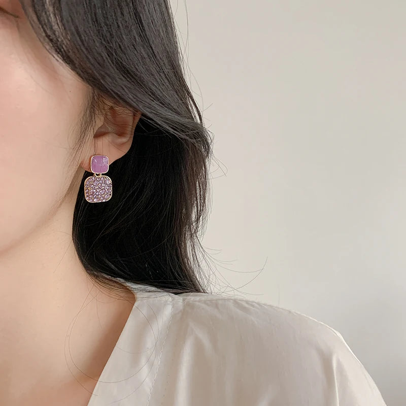 New Purple Crystal Pendants Women Dangle Earrings Korean Fashion Elegant Drop Earrings Square Statement boucles d'oreilles