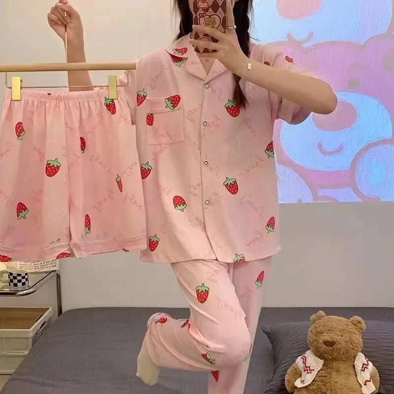 Three-Piece Set of Ladies Pajamas Short Sleeve Long Pants Student Loungewear Cartoon Cardigan Short Sleeve Shorts Cute Pajamas