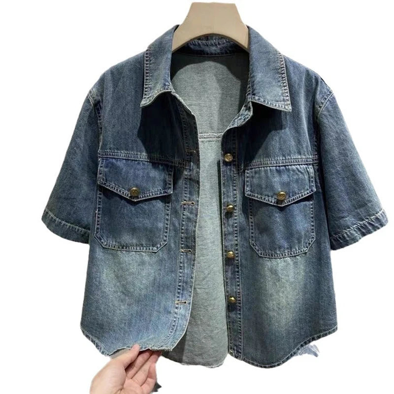 Denim Shirt Women's Summer 2024 New Turndown Collar Loose Casual Short Jacket Fashion Short Sleeved Single Breasted Thin Top