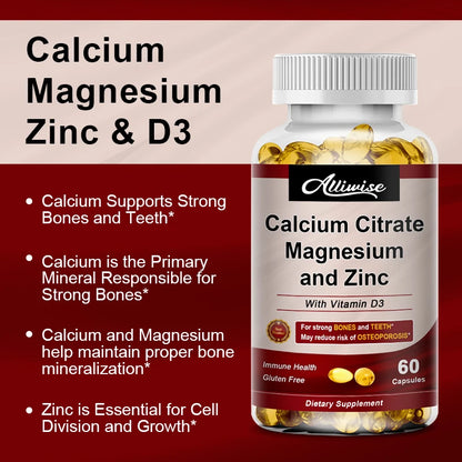 Alliwise Calcium Magnesium Zinc Capsule Vitamin D3 for Strong Bones Teeth Heart Nerve Increase Immune System Function Supplement