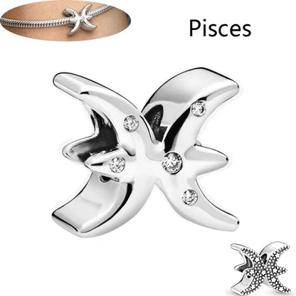 Authentic 925 Sterling Silver Sparkling Aries Leo Scorpio 12 Zodiac Signs Constellation Charm Beads Fit Pantaro Bracelet Jewelry H157