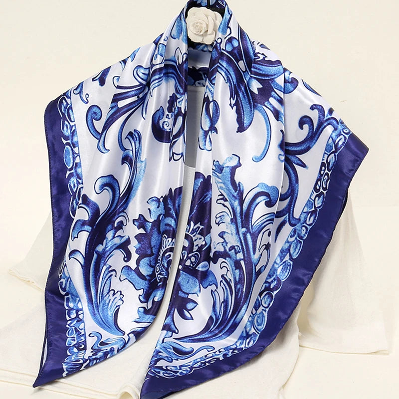 New Blue And White Porcelain Satin Silk Square Scarf Hijab Printed Muslim Women Headscarf Ladies 2024 Headband Scarf 90*90cm 01