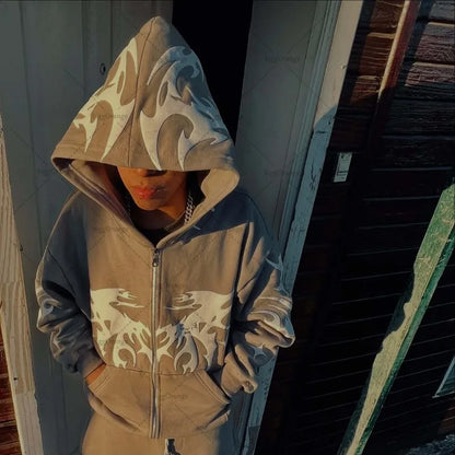 Striped Print Harajuku Gothic Casual Loose Sweatshirt Men Fashion Retro Hip-hop Y2K 2025 Rock Streetwear Oversized Hoodie Women