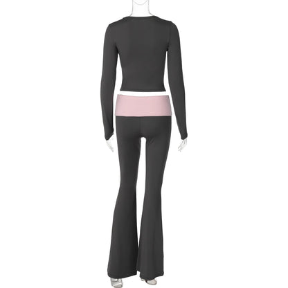 Dulzura Women’S Sexy Casual 2 Piece Pants Set Long Sleeve Letter Print Bodycon Crop Top And Flare Pants Matching Set Streetwear