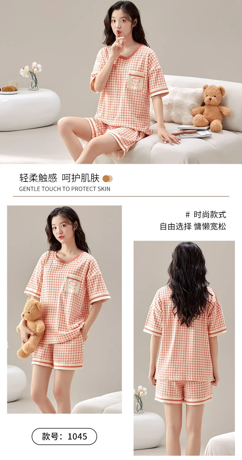 Summer 100% Cotton Women's Pajamas With Padded Bra Sweet Princess Cartoon Comfortable Short Sleeve Shorts Pajama Sets