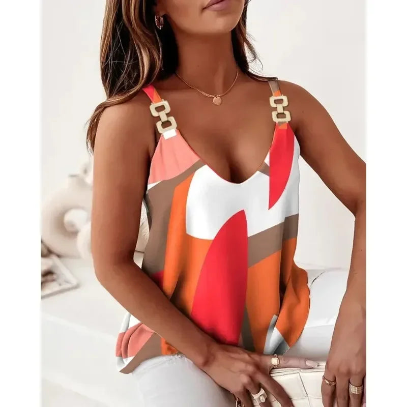 Summer Women's Casual Chain Camisole Vest V-neck Sleeveless Fashionable Printed Camisole Vest Summer Vacation Party Women's Vest
