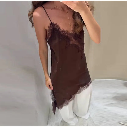 Sexy V-neck Sling Dress Women Fashion Sleeveless Lace Patchwork Irregular Mini Dresses 2025 Lady Summer Chic Casual Holiday Robe