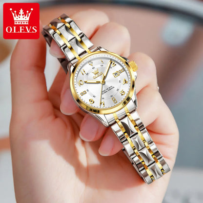 OLEVS 2910 Original Quartz Watches for Women Rhombus Steel Strap Waterproof Luminous Calendar Elegant Luxury Ladies Wristwatches
