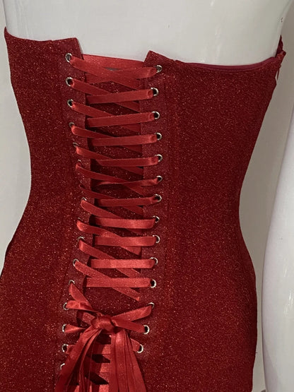 Sexy Strapless Bright Silk Lace-up Mini Dress Women Red Black Sleeveless Backelss Bodycon Dresses Evening Party Cocktail Gowns
