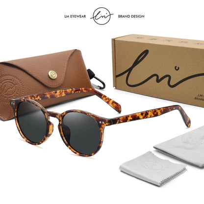 LM Retro Round Sunglasses Women Men Ultralight TR90 Polarized Unisex Driving Shades Vintage Sun Glasses UV400 Gafas De Sol Leopard-Gray LM