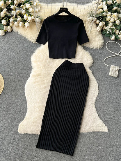 SINGREINY Casual Two Piece Sets Women Summer O Neck Top Elastic Waist Long Skirt Fashion Office Lady Korean Knit Suit black One Size