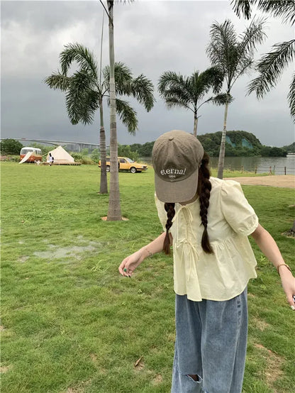 Ruffles Shirts and Blouses Korea Short Sleeve Top Women 2024 Summer Lace-up Sweet Blouses Cute Elegant Solid Sweet Folds Clothes