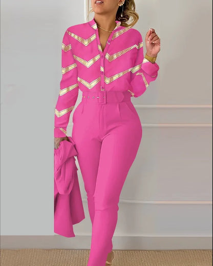 Autumn Winter Stand Neck Floral Print Long Sleeve Shirt Pants Two Piece Sets Elegant Women Casual Shirt Trousers Suits With Belt