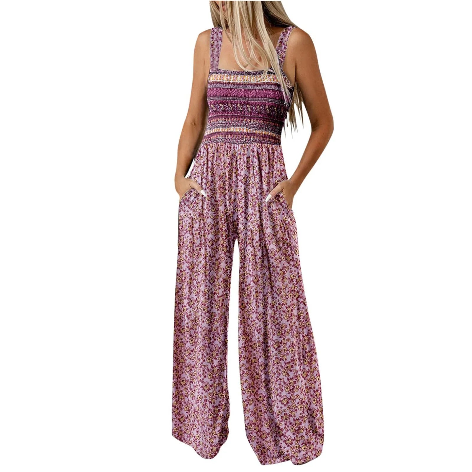 Women'S Suspender Jumpsuits Fashion Trend Pleated Shoulder Straps Printed Pocket Loose Wide Leg Jumpsuits Daily Casual All-Match