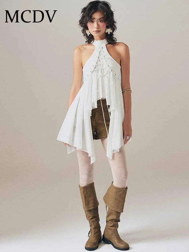 MCDV Mesh Patchwork Irregular Ruffles Vest Women Cross Bandage Elegant O-Neck Sleeveless Slim Tank Tops Y2K Summer Clothes Tees