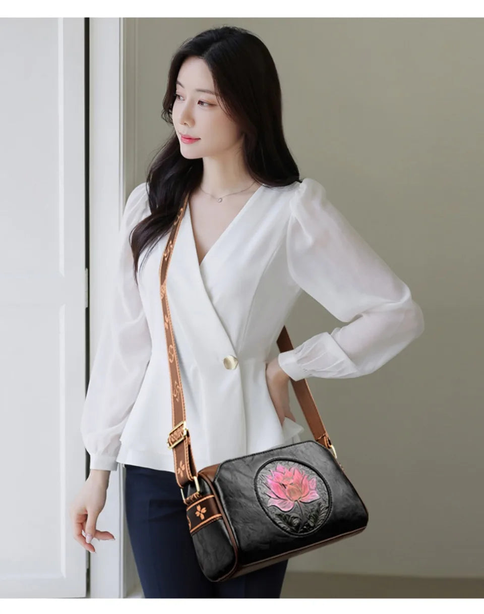 Three Layers Women Handbag Soft Leather Shoulder Crossbody Bags for Women Flower Print Ladies Messenger Bag with WIde Strap