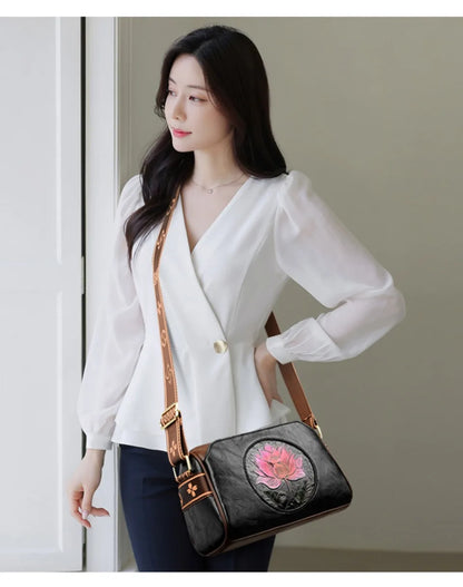 Three Layers Women Handbag Soft Leather Shoulder Crossbody Bags for Women Flower Print Ladies Messenger Bag with WIde Strap