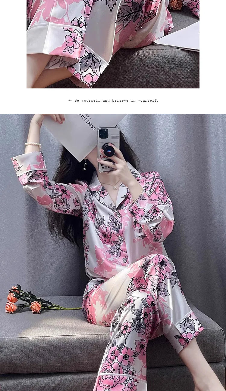 Korean Style Women's Two-piece Pajamas Sets Fashion Flower Print Faux Silk Satin Sleepwear Female Long Sleeve Pants Housewear
