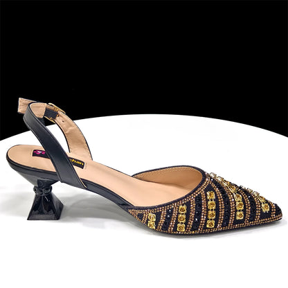 2025 Luxurious Italian Women's Party Shoes & Bag Set – Elegant Golden Rhinestone Spring/Summer Sandals with Pointed High Heels f